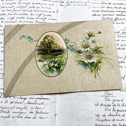1900s - Antique Embossed Floral Postcard - Landscape Vignette - White Daisies - Forget-Me-Nots - Serene Nature Art Print