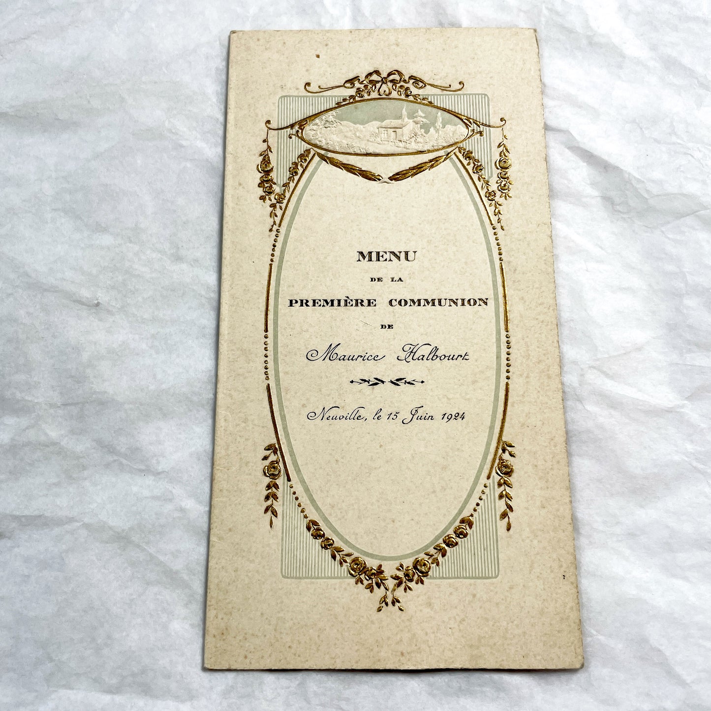 1920s - Vintage French First Communion Menu - Maurice Halboust 1924 - Exquisite Embossed Religious Celebration Document Souvenir Collectible