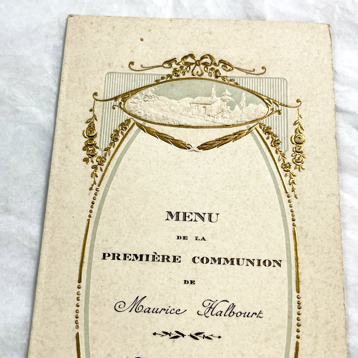 1920s - Vintage French First Communion Menu - Maurice Halboust 1924 - Exquisite Embossed Religious Celebration Document Souvenir Collectible