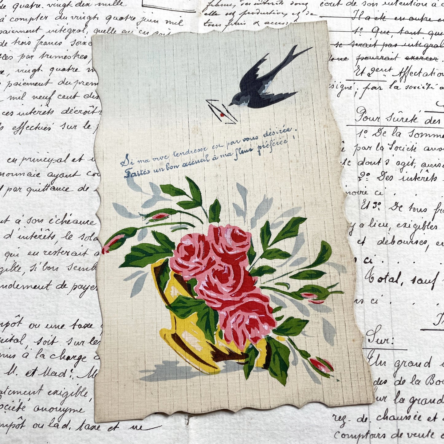 1910s - Vintage French Sentimental Card - Romantic Floral Roses - Flying Swallow - Antique Ephemera - Handwritten Message