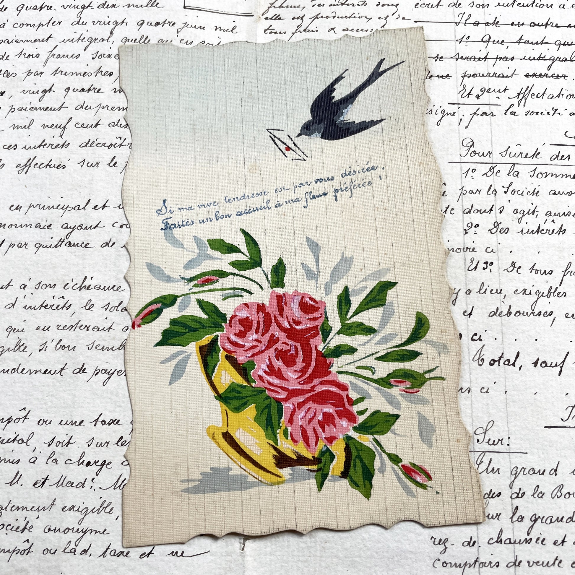 1910s - Vintage French Sentimental Card - Romantic Floral Roses - Flying Swallow - Antique Ephemera - Handwritten Message
