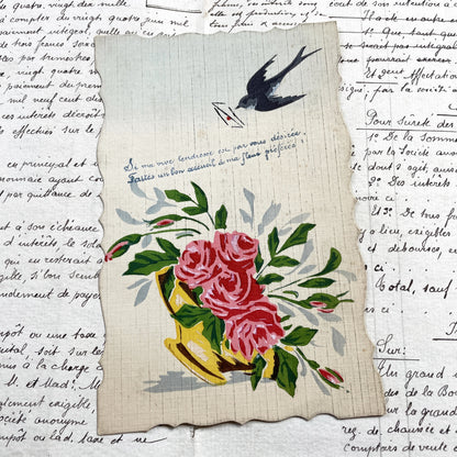 1910s - Vintage French Sentimental Card - Romantic Floral Roses - Flying Swallow - Antique Ephemera - Handwritten Message