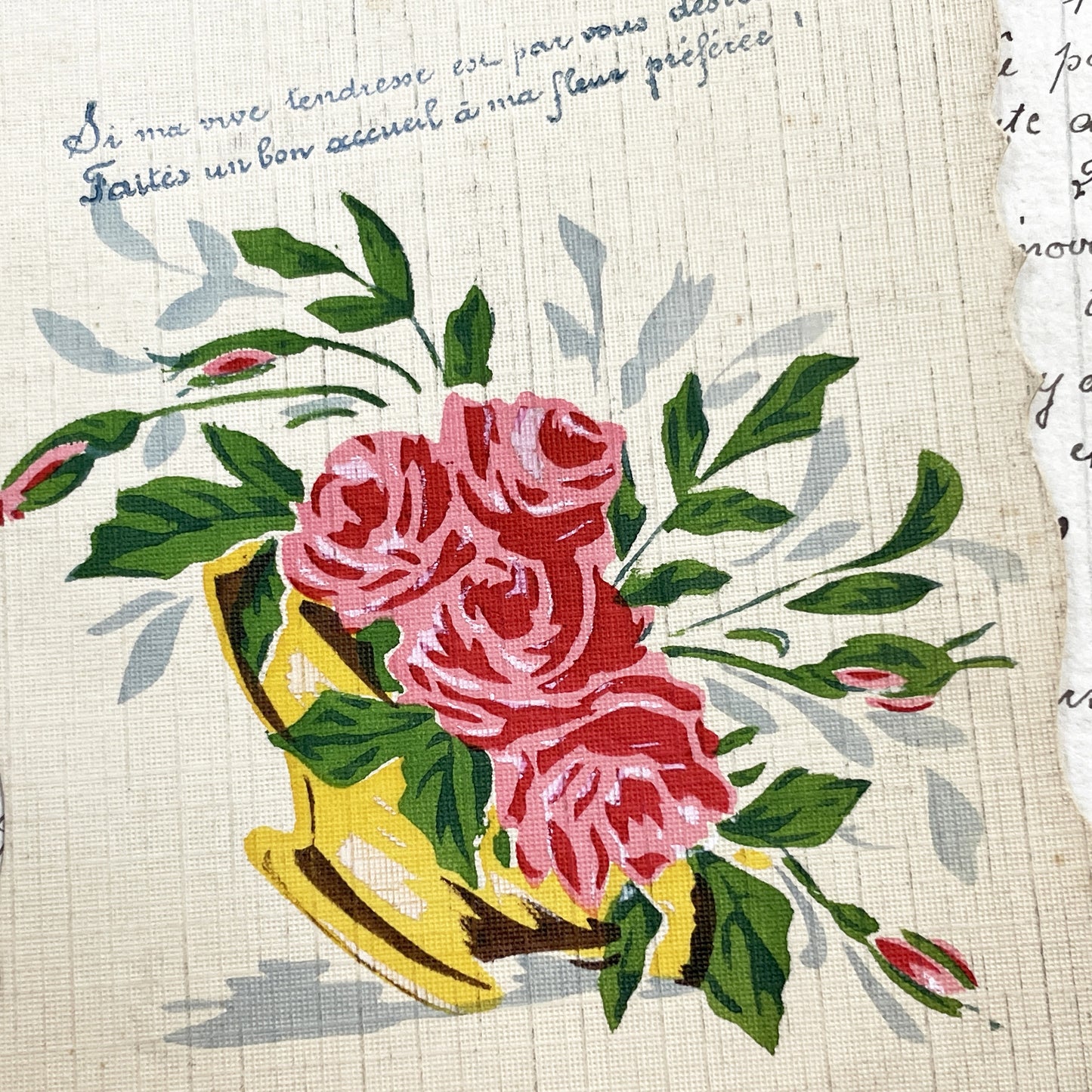 1910s - Vintage French Sentimental Card - Romantic Floral Roses - Flying Swallow - Antique Ephemera - Handwritten Message