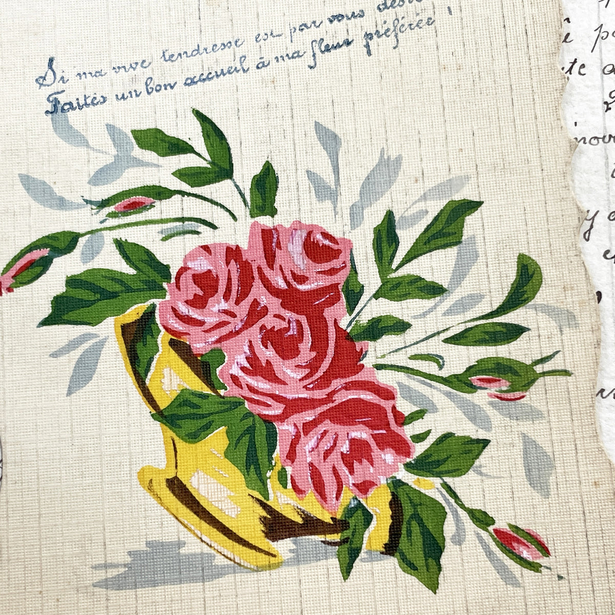 1910s - Vintage French Sentimental Card - Romantic Floral Roses - Flying Swallow - Antique Ephemera - Handwritten Message