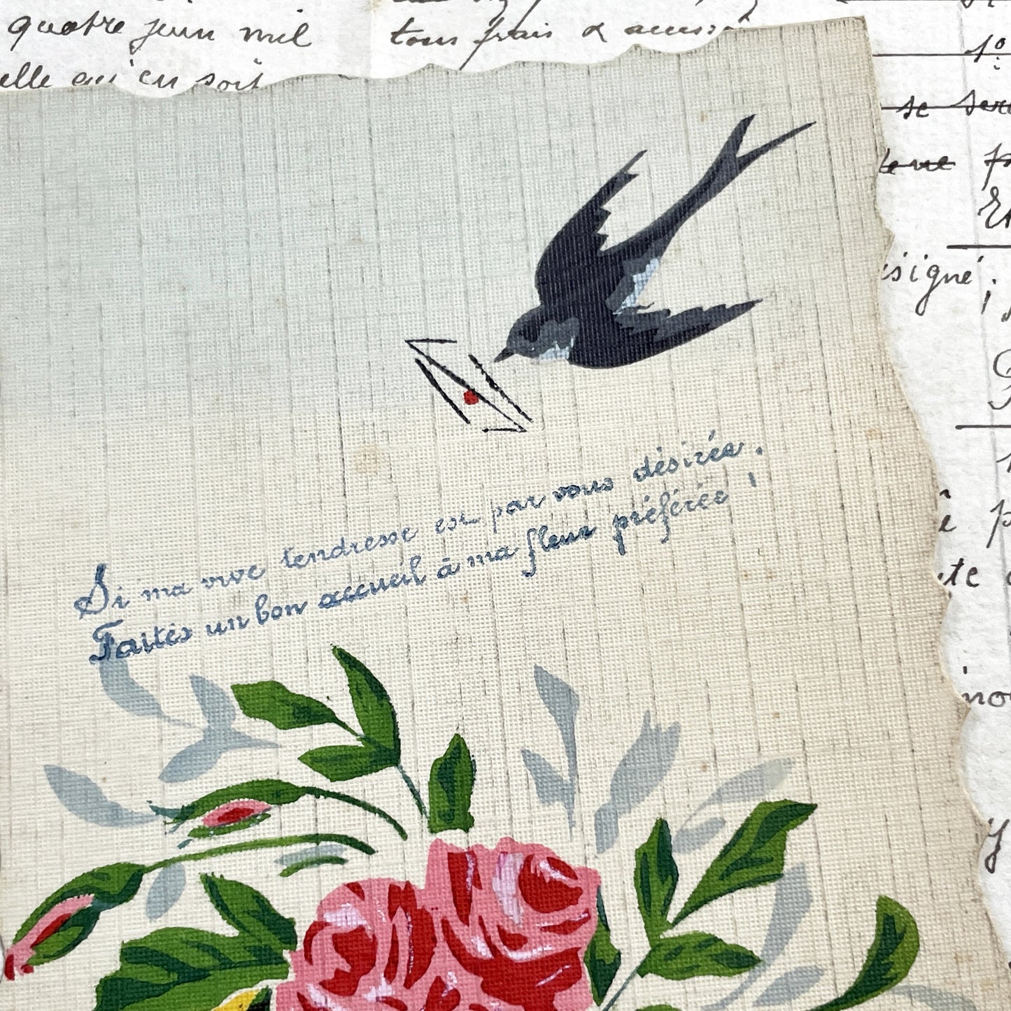 1910s - Vintage French Sentimental Card - Romantic Floral Roses - Flying Swallow - Antique Ephemera - Handwritten Message