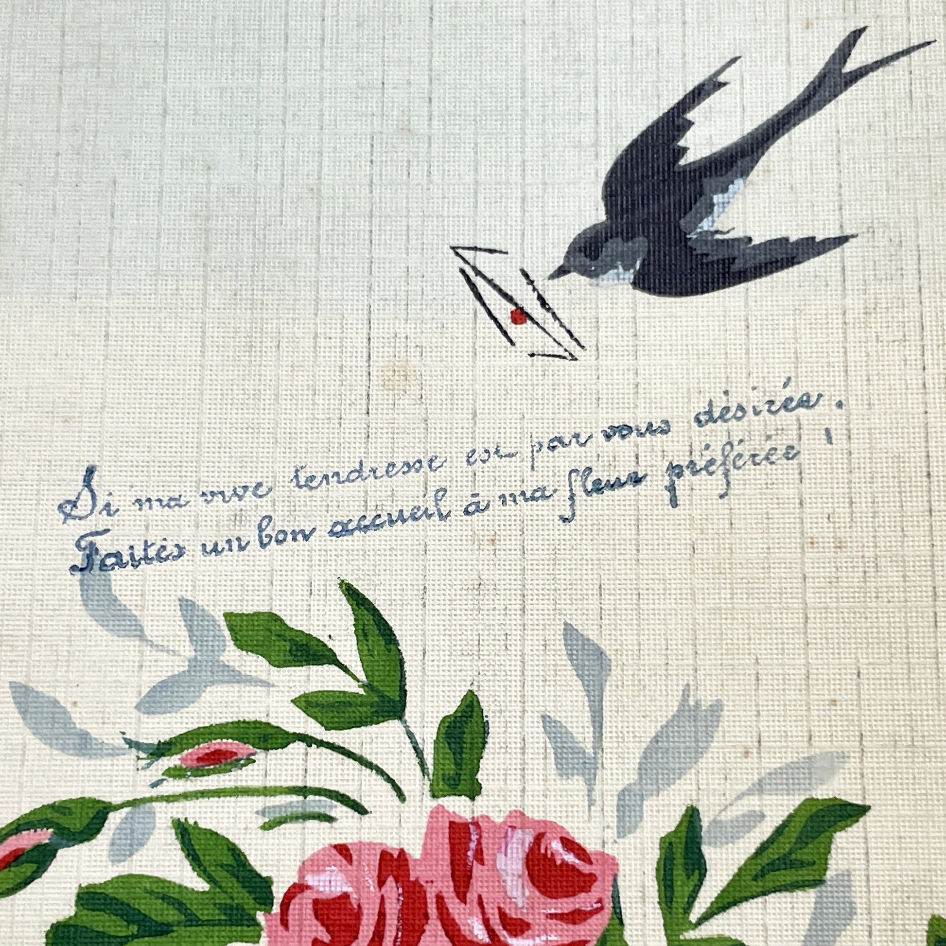 1910s - Vintage French Sentimental Card - Romantic Floral Roses - Flying Swallow - Antique Ephemera - Handwritten Message