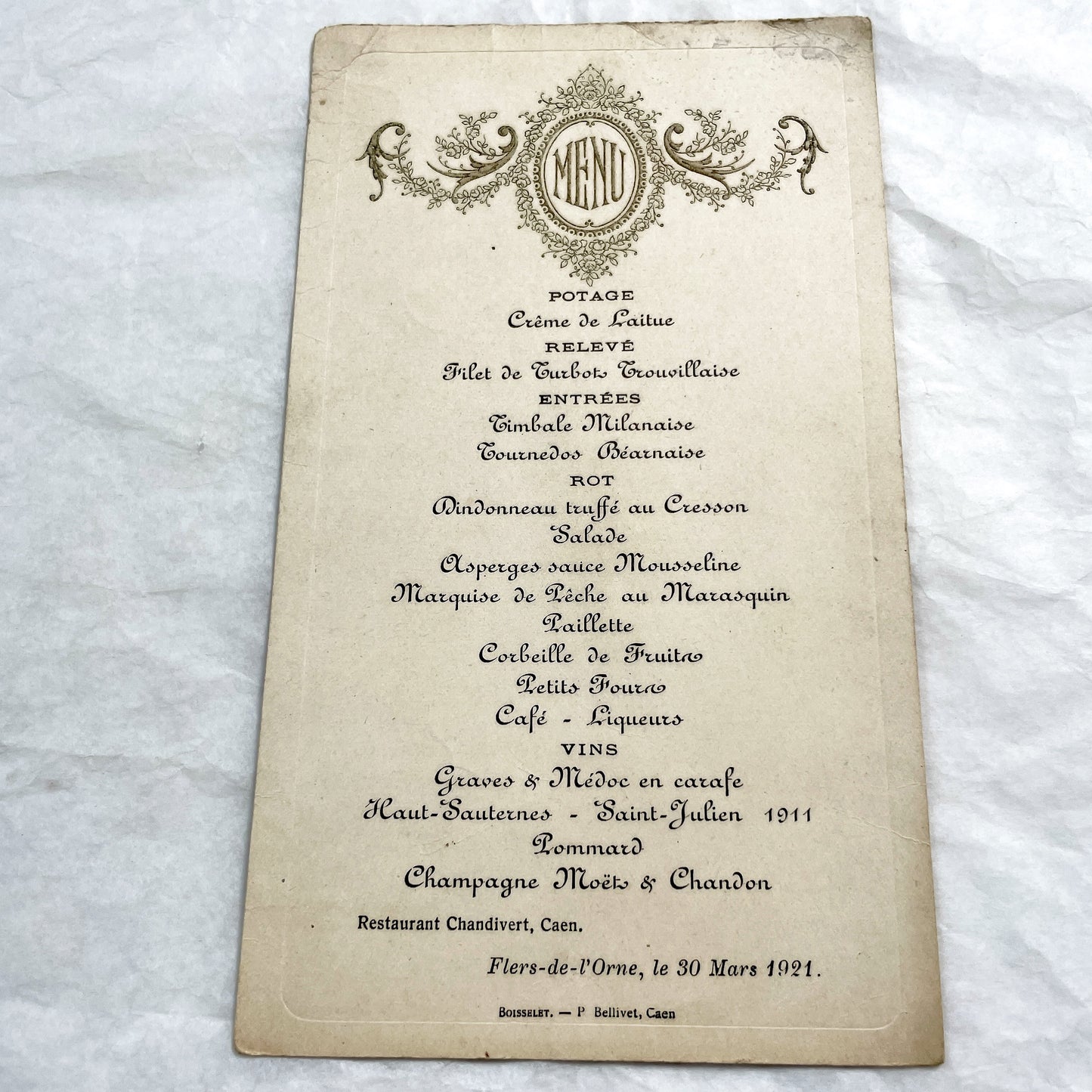 1920s - Vintage French Restaurant Menu - Chandivert Caen Dining - Historical Ephemera - Elegant Cuisine - Normandy Collectible
