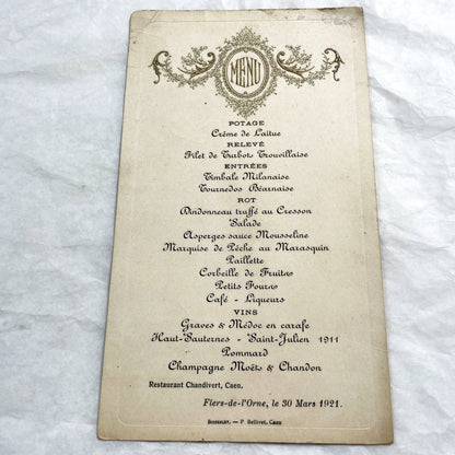 1920s - Vintage French Restaurant Menu - Chandivert Caen Dining - Historical Ephemera - Elegant Cuisine - Normandy Collectible
