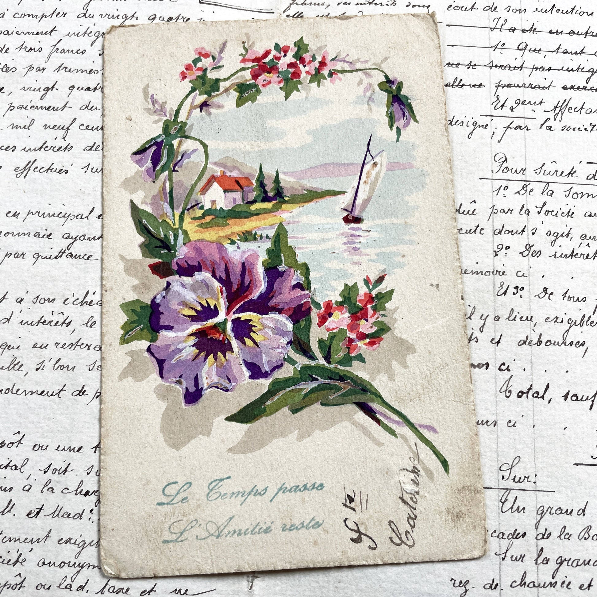 1910s - Vintage French Friendship Postcard - Original Watercolor Style Art - Pansy Floral Lake Scene - Sailboat Landscape Old Collectible