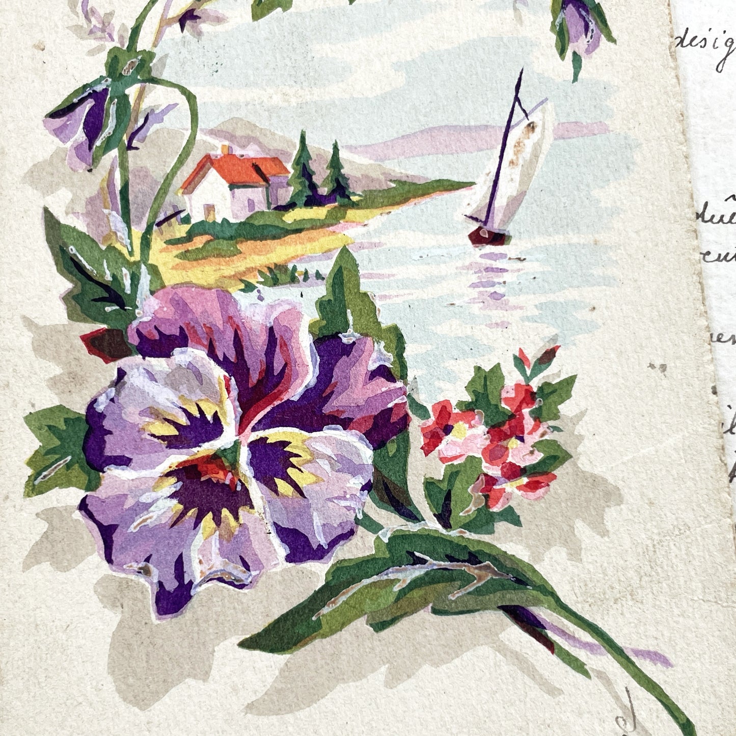 1910s - Vintage French Friendship Postcard - Original Watercolor Style Art - Pansy Floral Lake Scene - Sailboat Landscape Old Collectible