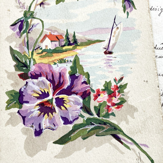 1910s - Vintage French Friendship Postcard - Original Watercolor Style Art - Pansy Floral Lake Scene - Sailboat Landscape Old Collectible