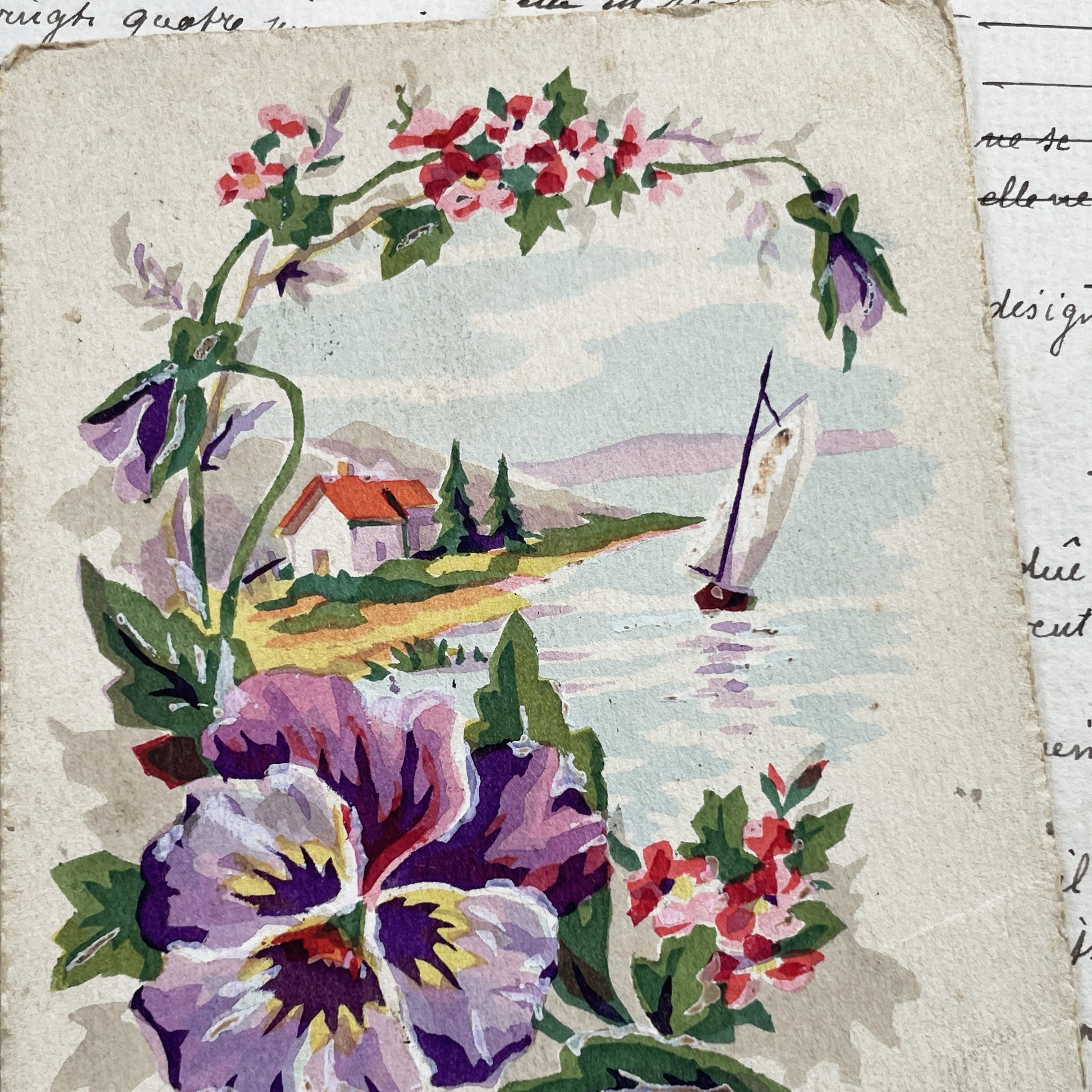 1910s - Vintage French Friendship Postcard - Original Watercolor Style Art - Pansy Floral Lake Scene - Sailboat Landscape Old Collectible