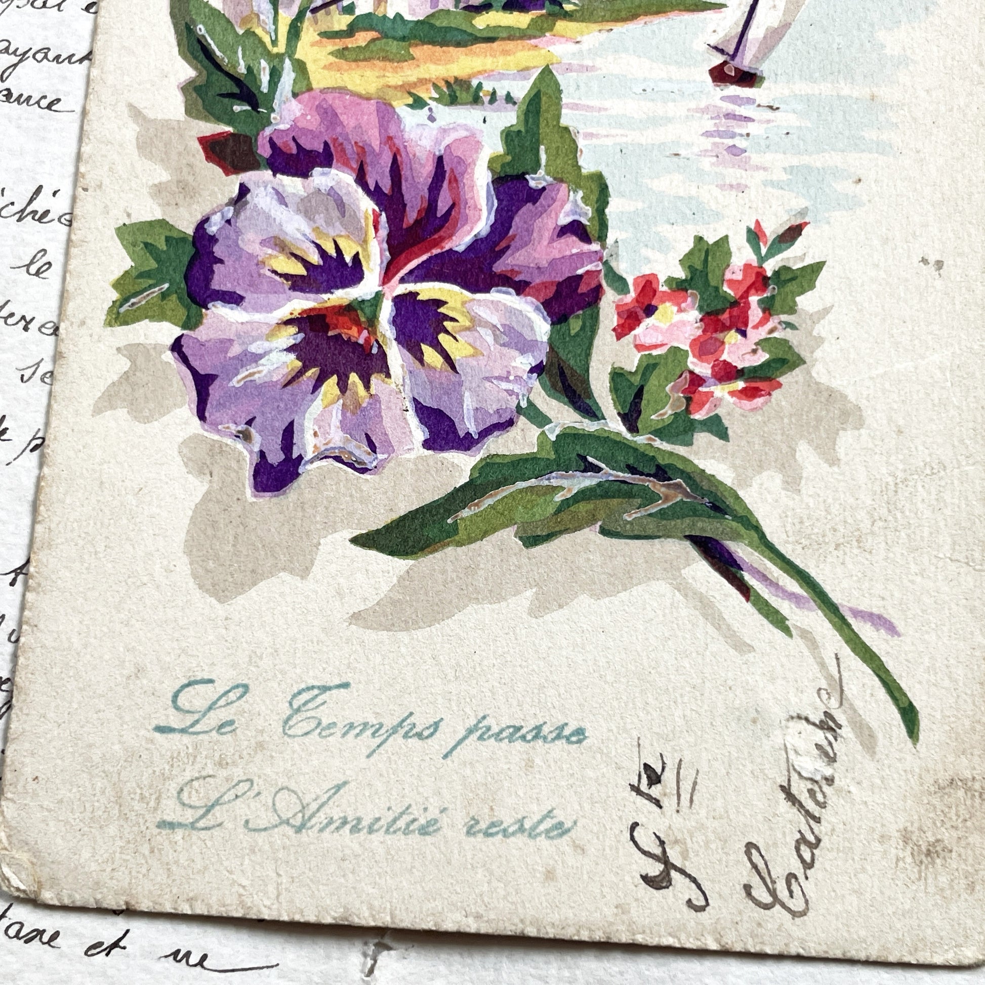 1910s - Vintage French Friendship Postcard - Original Watercolor Style Art - Pansy Floral Lake Scene - Sailboat Landscape Old Collectible