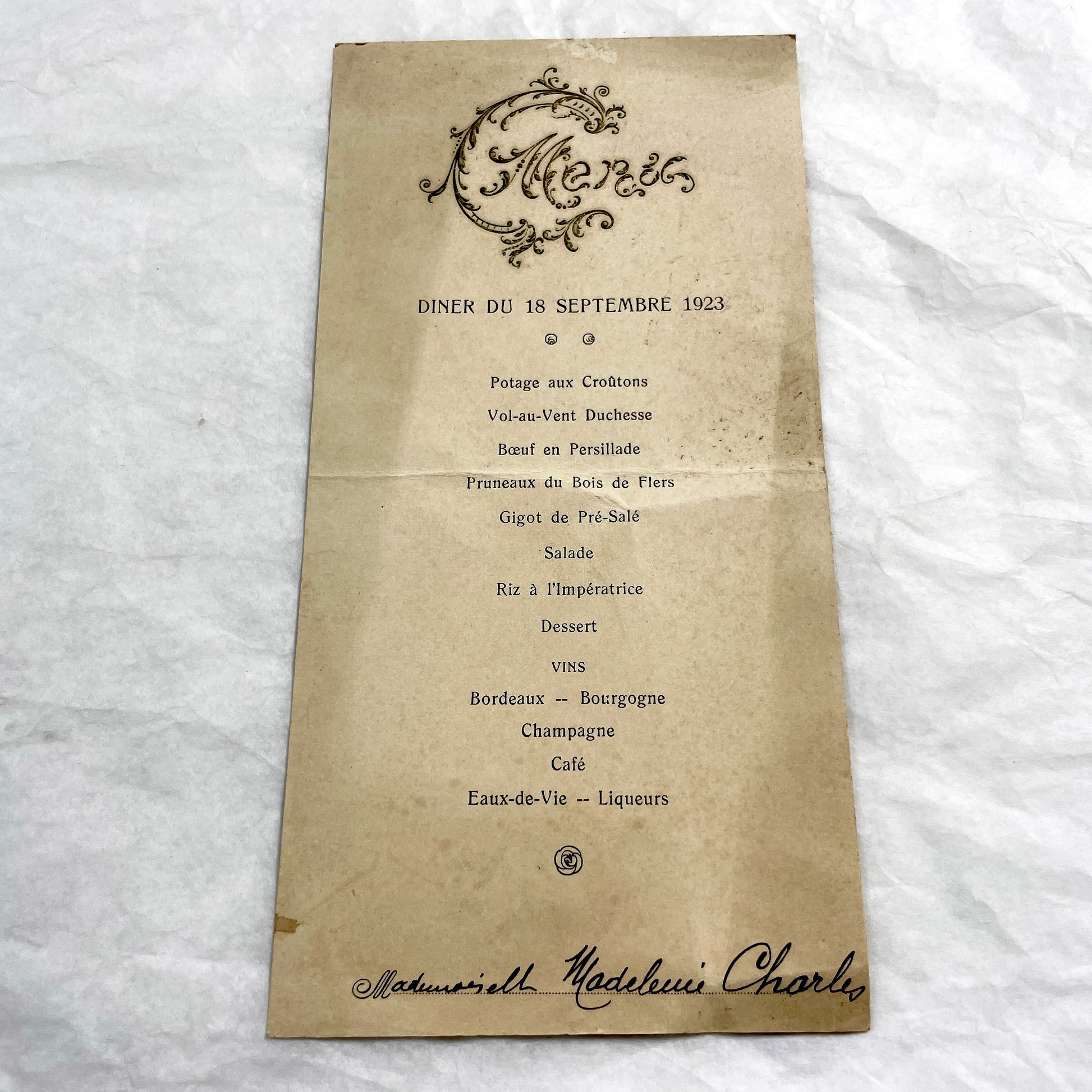 1920s - Vintage French Dinner Menu Ephemera - 1923 September 18 -  Elegant Formal Meal - Madeleine Charles