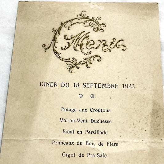 1920s - Vintage French Dinner Menu Ephemera - 1923 September 18 -  Elegant Formal Meal - Madeleine Charles