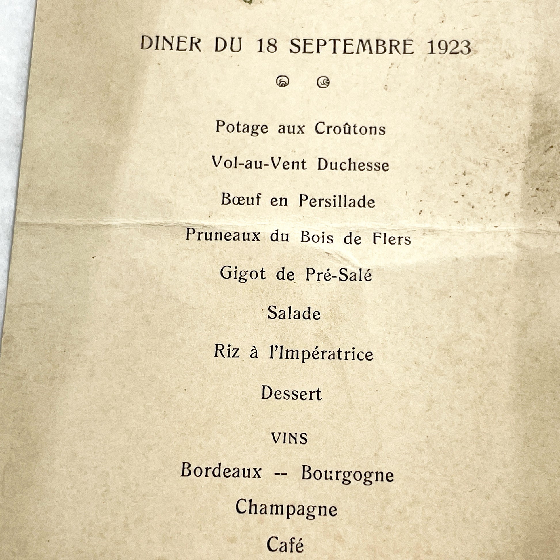 1920s - Vintage French Dinner Menu Ephemera - 1923 September 18 -  Elegant Formal Meal - Madeleine Charles