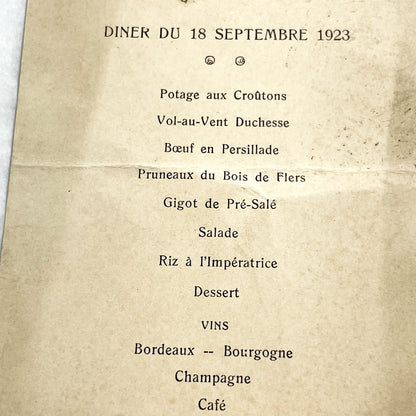 1920s - Vintage French Dinner Menu Ephemera - 1923 September 18 -  Elegant Formal Meal - Madeleine Charles