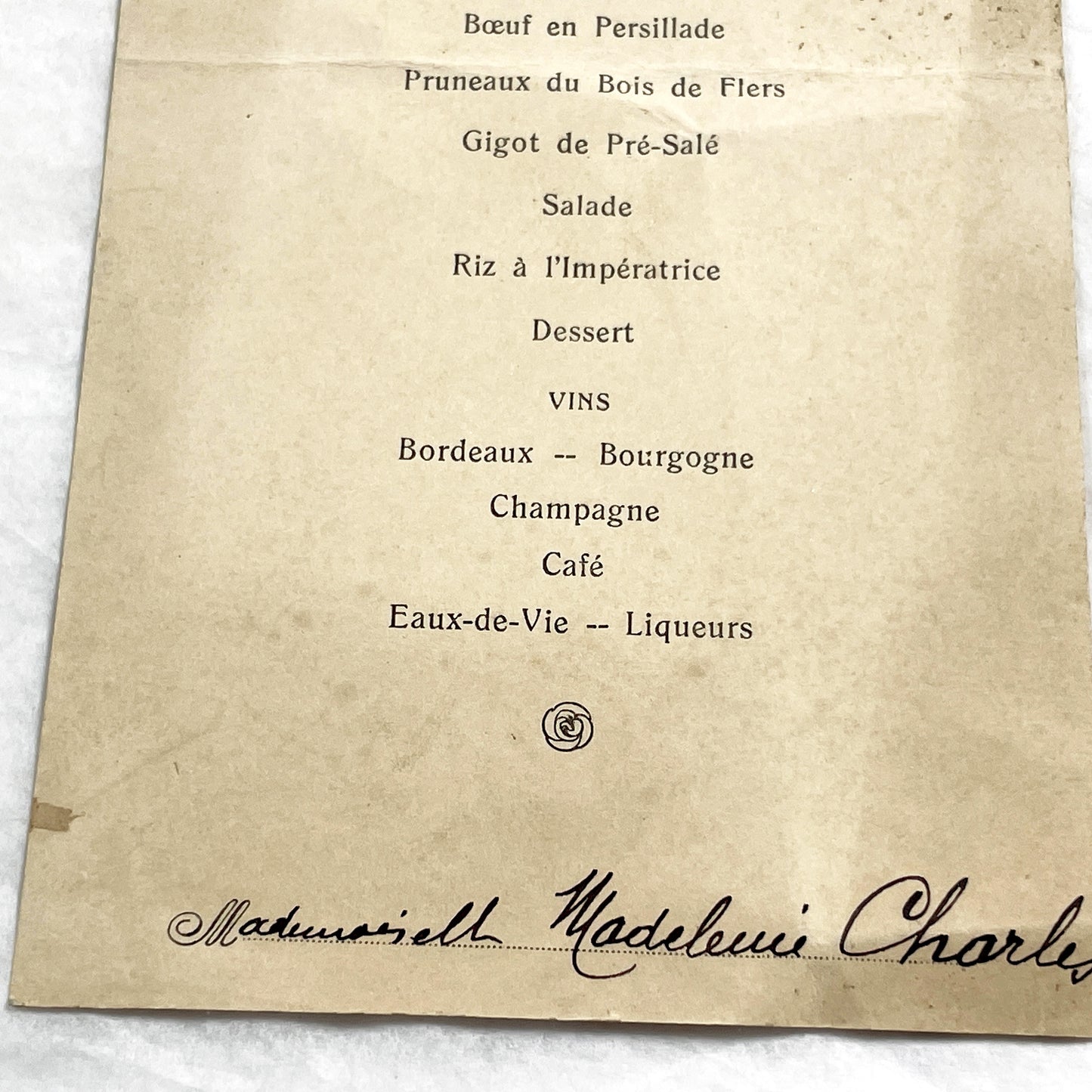 1920s - Vintage French Dinner Menu Ephemera - 1923 September 18 -  Elegant Formal Meal - Madeleine Charles