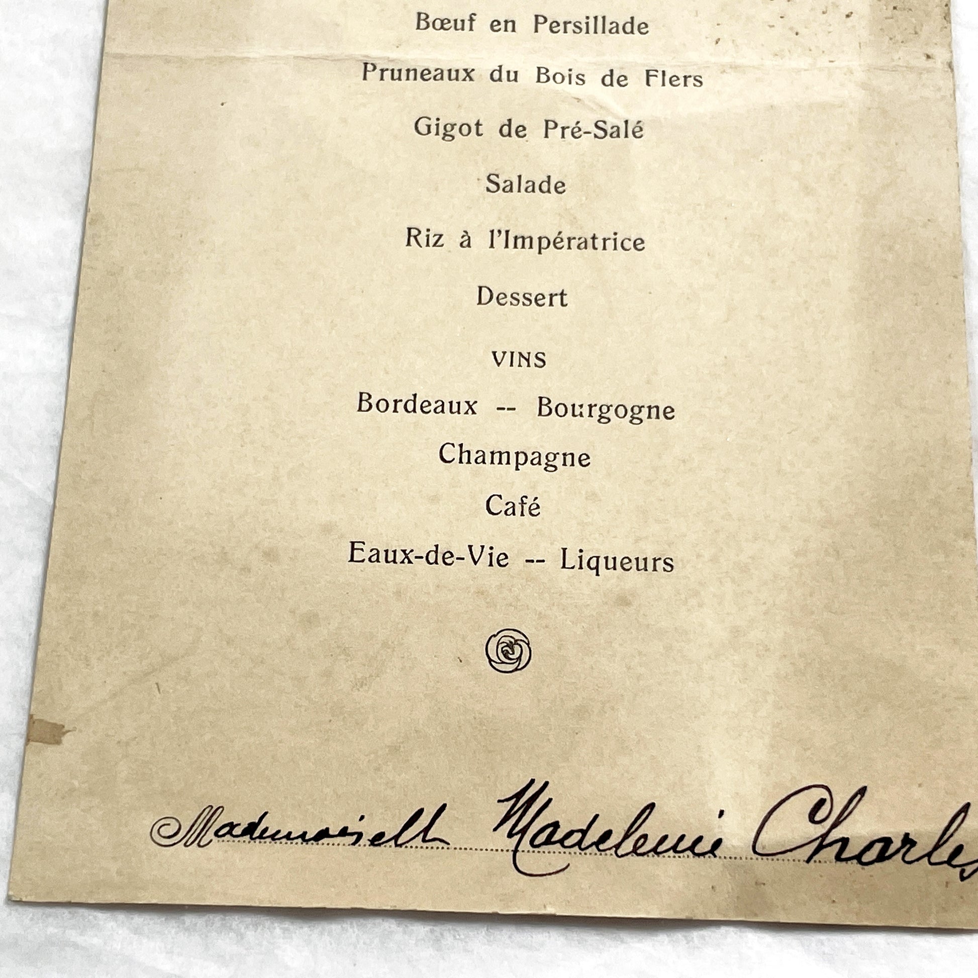 1920s - Vintage French Dinner Menu Ephemera - 1923 September 18 -  Elegant Formal Meal - Madeleine Charles