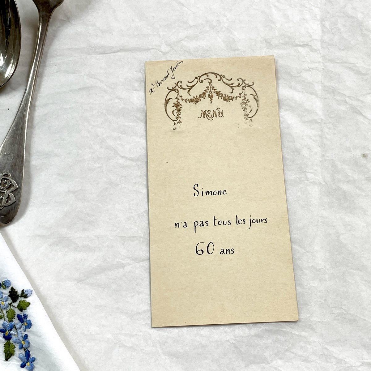 1920s - Vintage French Menu Card for Simone's 60th Birthday Celebration - Elegant Design - Handwritten Dinner Selections - Ephemera