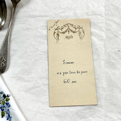 1920s - Vintage French Menu Card for Simone's 60th Birthday Celebration - Elegant Design - Handwritten Dinner Selections - Ephemera