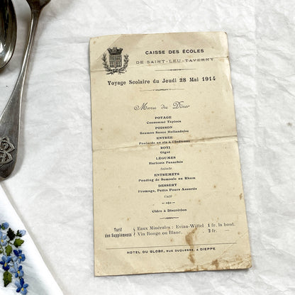 1910s - Historic French School Trip Dinner Menu from Hotel Globe Dieppe - Culinary Ephemera - Pre-WWI Student Travel Document