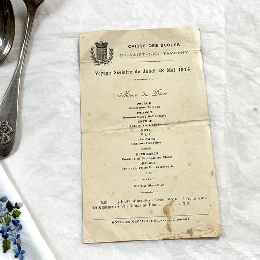 1910s - Historic French School Trip Dinner Menu from Hotel Globe Dieppe - Culinary Ephemera - Pre-WWI Student Travel Document