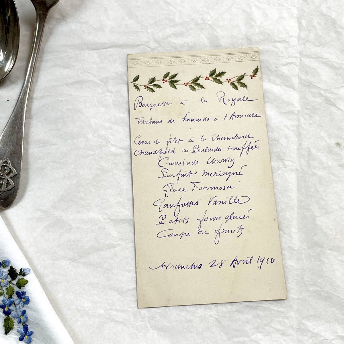 1910s - Vintage French Handwritten Menu Card - Elegant Dinner - Historical Culinary Ephemera - Belle Époque Gastronomy