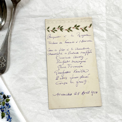 1910s - Vintage French Handwritten Menu Card - Elegant Dinner - Historical Culinary Ephemera - Belle Époque Gastronomy