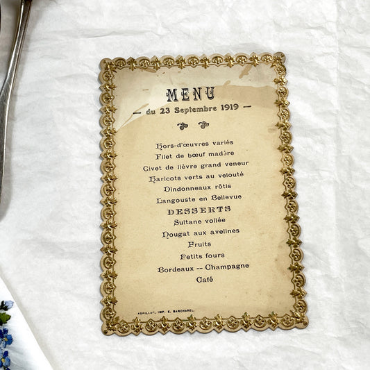 1910s - Vintage French Menu Card September 1919 - Ornate Gilt Embossed Border - Historical Culinary Artifact Collectible