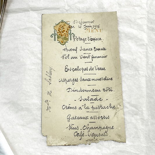 1910s - Vintage Handwritten Menu Card from June 1916 - French Culinary History - Elegant Formal Dining Event - World War One Era Document.