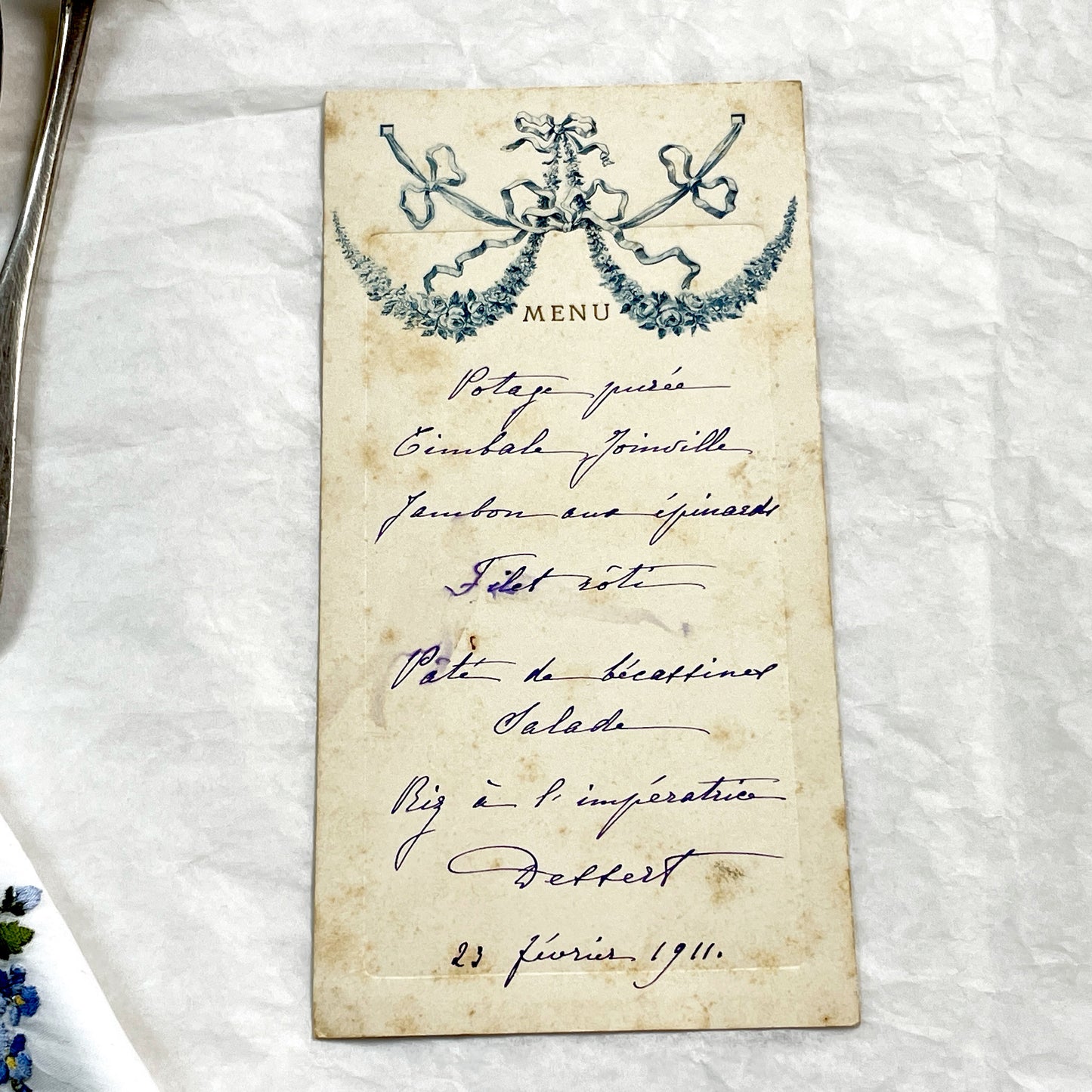 1910s - Antique Handwritten French Menu Card - Elegant Dining Experience from 1911 - Vintage Culinary Keepsake