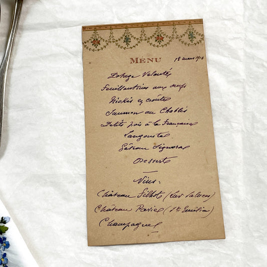 1910s - Historic Handwritten French Dinner Menu from 1914 - Elegant Culinary Document from France - Classic French Cuisine - Vintage Dining