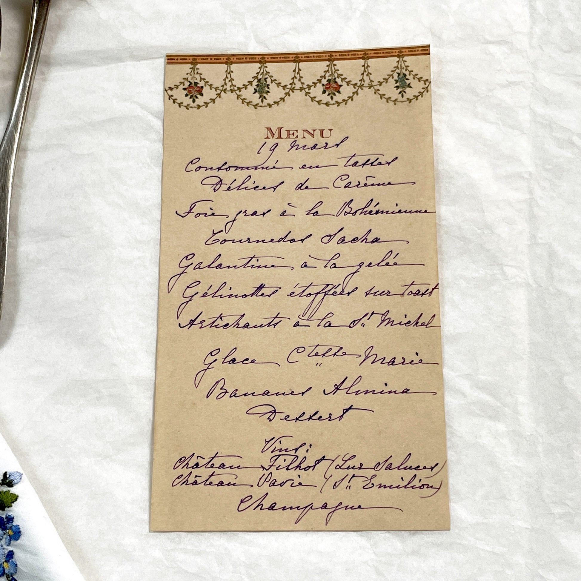 1910s - Vintage French Cuisine Menu - Handwritten Dinner Party Card - Elegant Fine Dining Culinary History Document - March 19th Wines