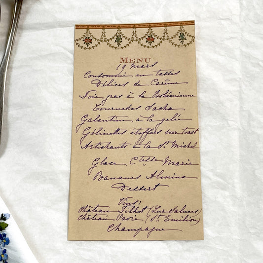1910s - Vintage French Cuisine Menu - Handwritten Dinner Party Card - Elegant Fine Dining Culinary History Document - March 19th Wines