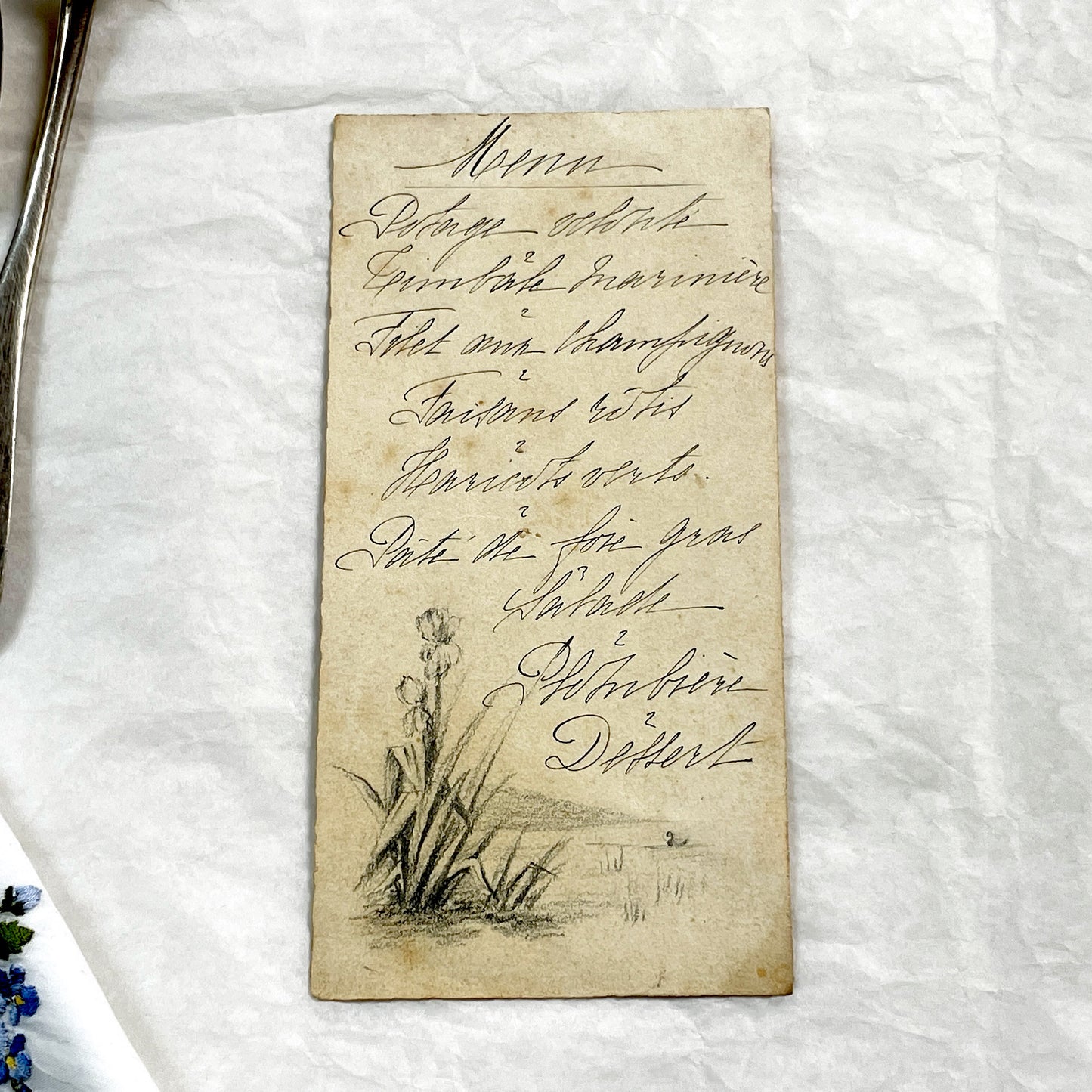 1910s - Vintage Handwritten Menu Card - Elegant French Cuisine - Illustrated Dinner Party Program - Antique Ephemera Collectible