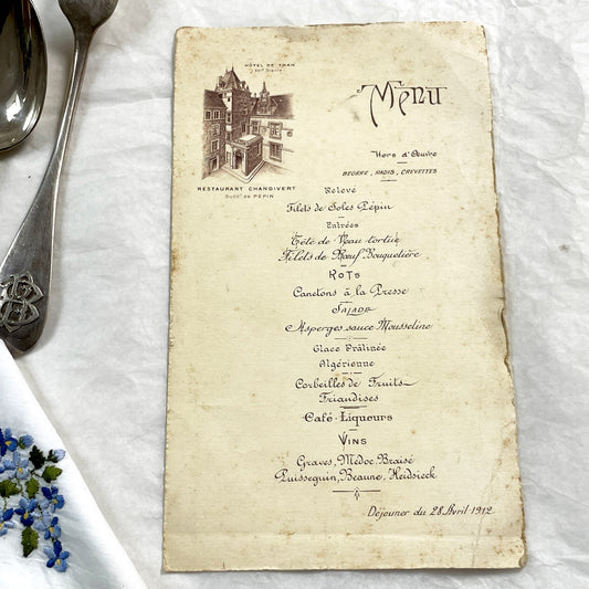 1910s - Large French Restaurant Menu Chandivert 1912 - Fine Dining Culinary Souvenir from Hôtel de Than - Elegant Ephemera