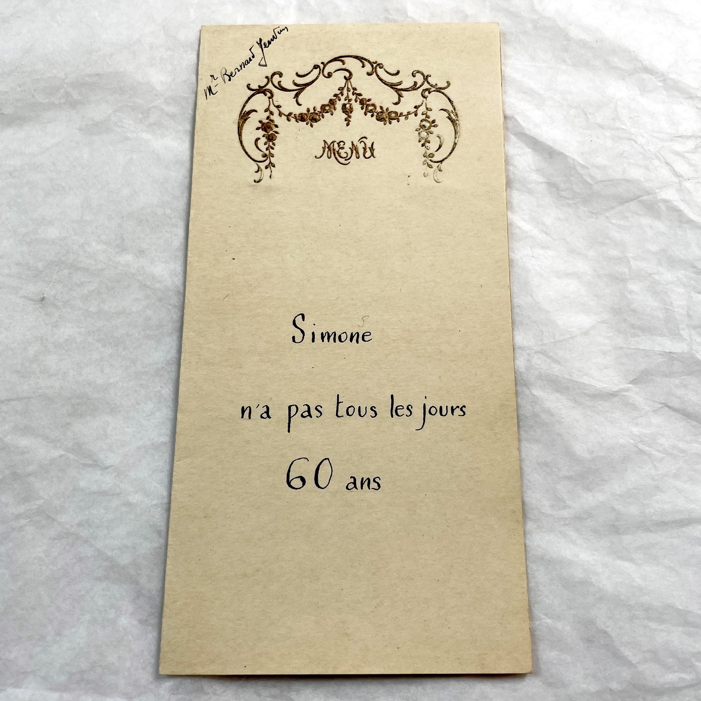 1920s - Vintage French Menu Card for Simone's 60th Birthday Celebration - Elegant Design - Handwritten Dinner Selections - Ephemera