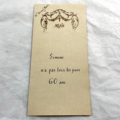 1920s - Vintage French Menu Card for Simone's 60th Birthday Celebration - Elegant Design - Handwritten Dinner Selections - Ephemera