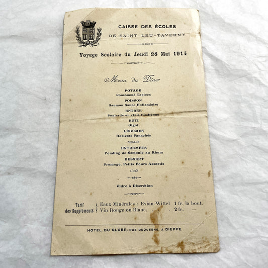 1910s - Historic French School Trip Dinner Menu from Hotel Globe Dieppe - Culinary Ephemera - Pre-WWI Student Travel Document