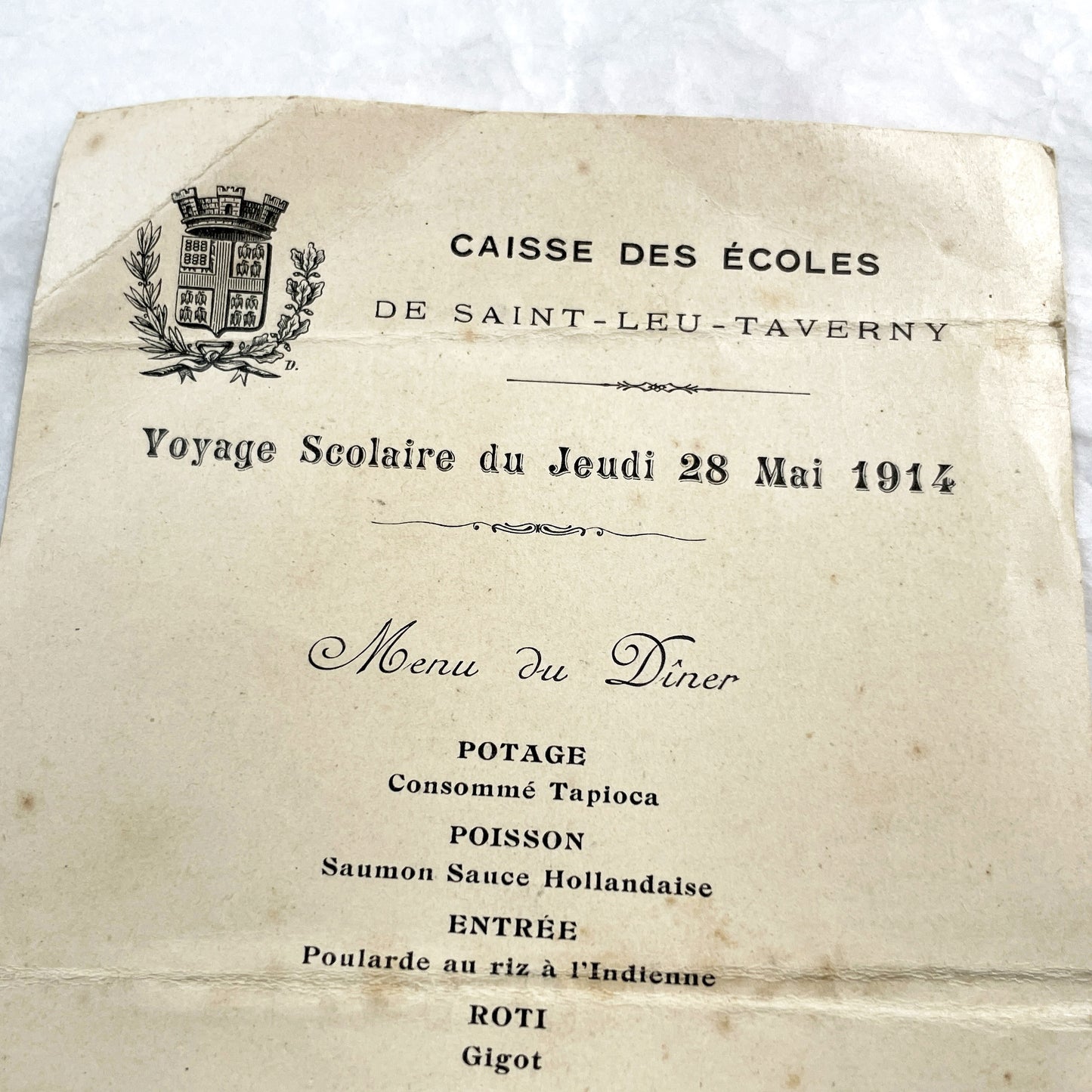 1910s - Historic French School Trip Dinner Menu from Hotel Globe Dieppe - Culinary Ephemera - Pre-WWI Student Travel Document