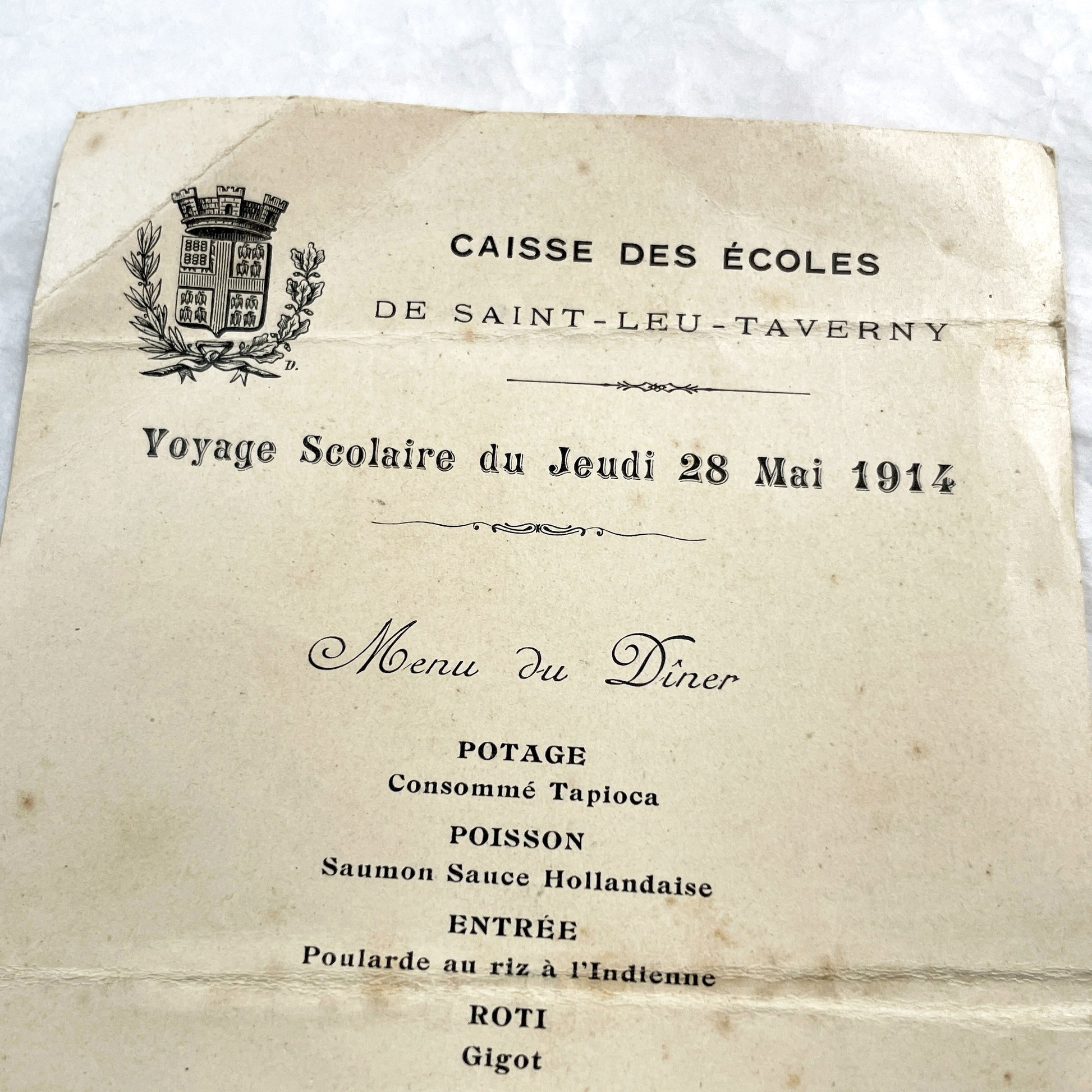 1910s - Historic French School Trip Dinner Menu from Hotel Globe Dieppe - Culinary Ephemera - Pre-WWI Student Travel Document