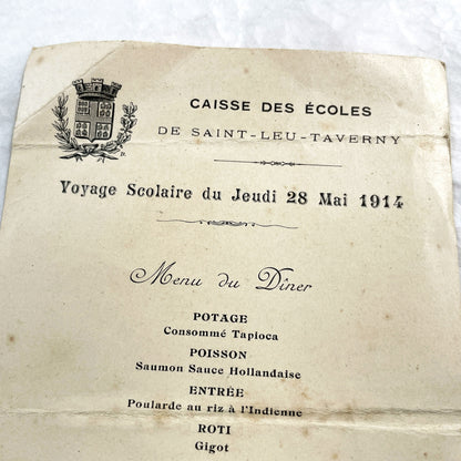 1910s - Historic French School Trip Dinner Menu from Hotel Globe Dieppe - Culinary Ephemera - Pre-WWI Student Travel Document