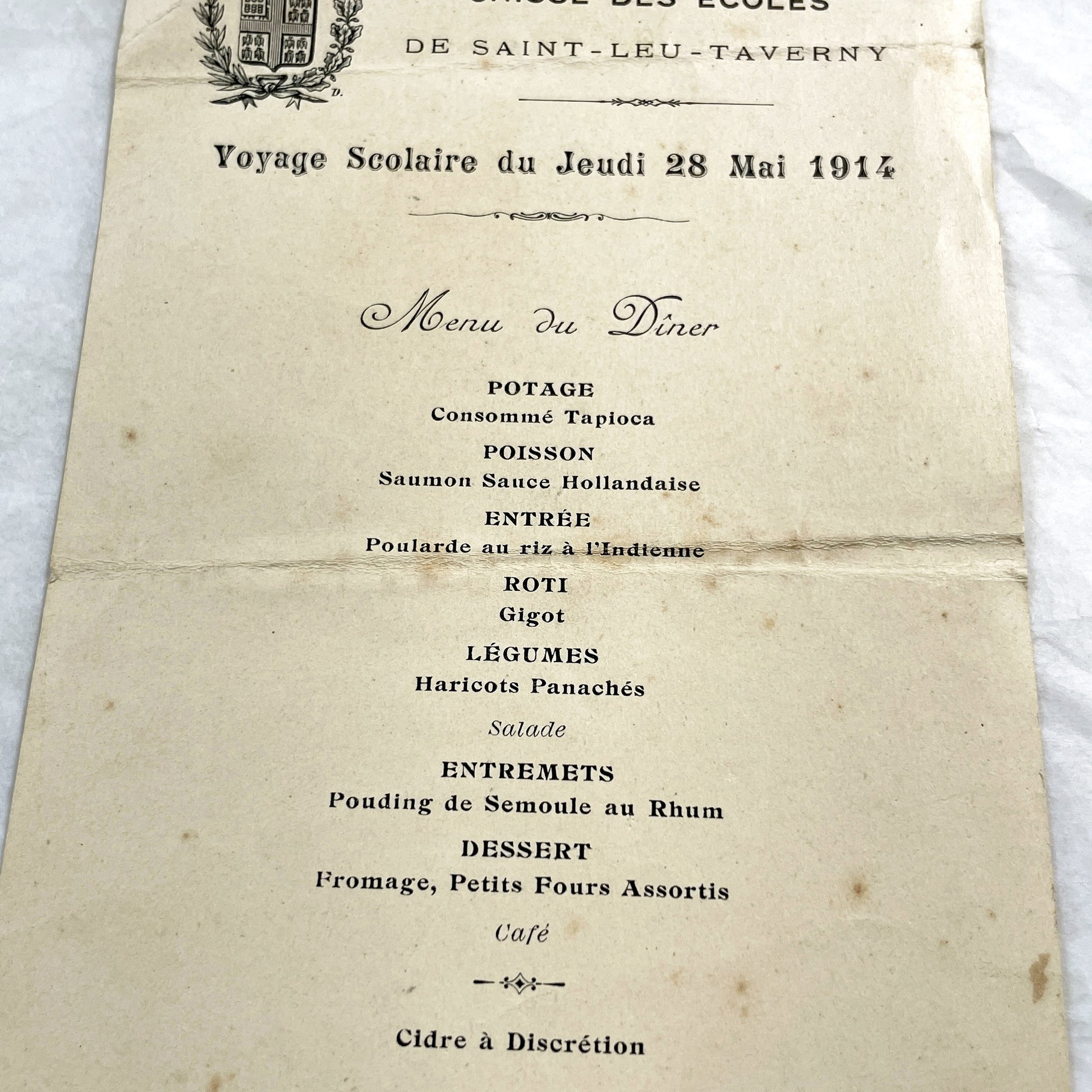 1910s - Historic French School Trip Dinner Menu from Hotel Globe Dieppe - Culinary Ephemera - Pre-WWI Student Travel Document