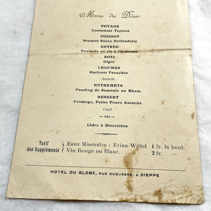 1910s - Historic French School Trip Dinner Menu from Hotel Globe Dieppe - Culinary Ephemera - Pre-WWI Student Travel Document