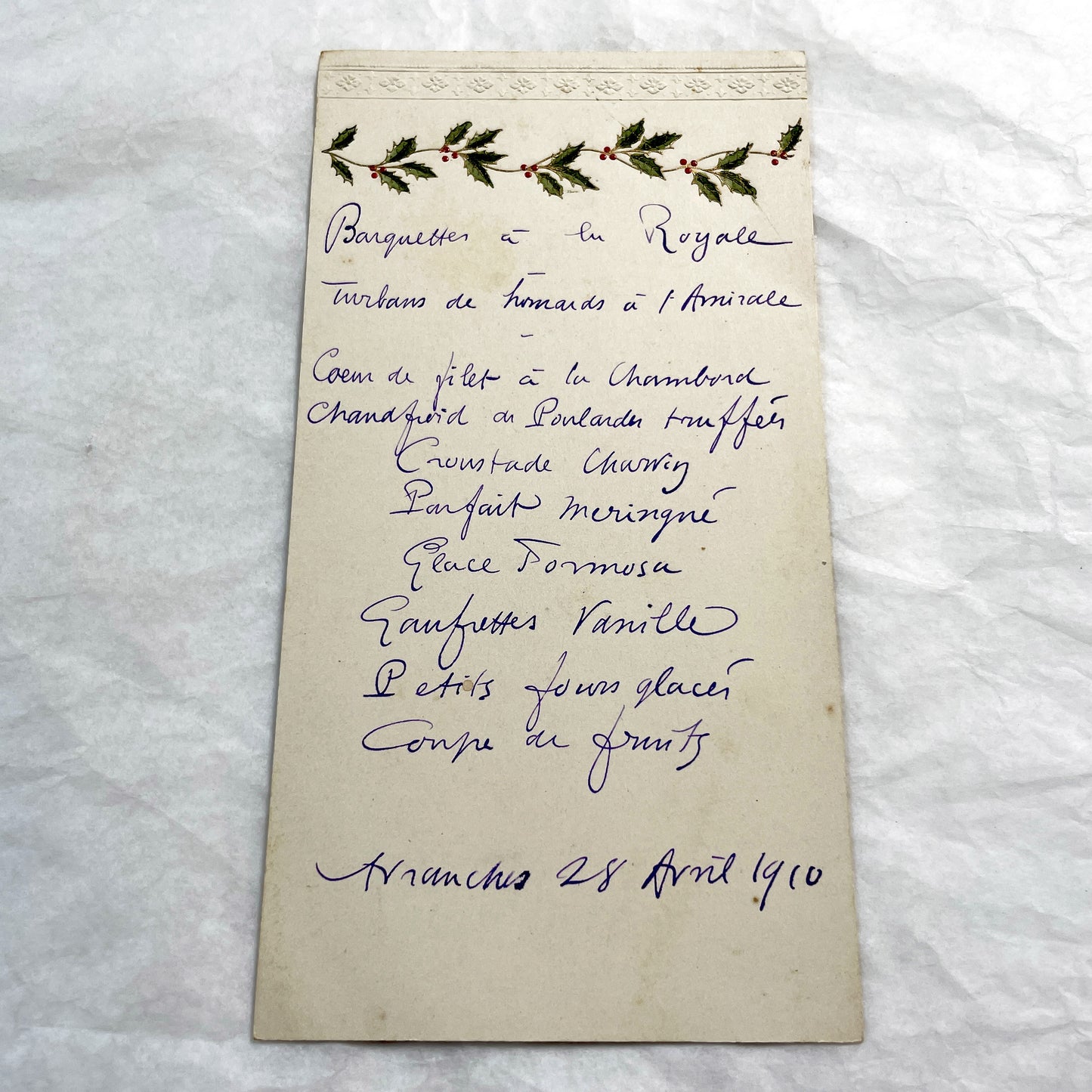 1910s - Vintage French Handwritten Menu Card - Elegant Dinner - Historical Culinary Ephemera - Belle Époque Gastronomy