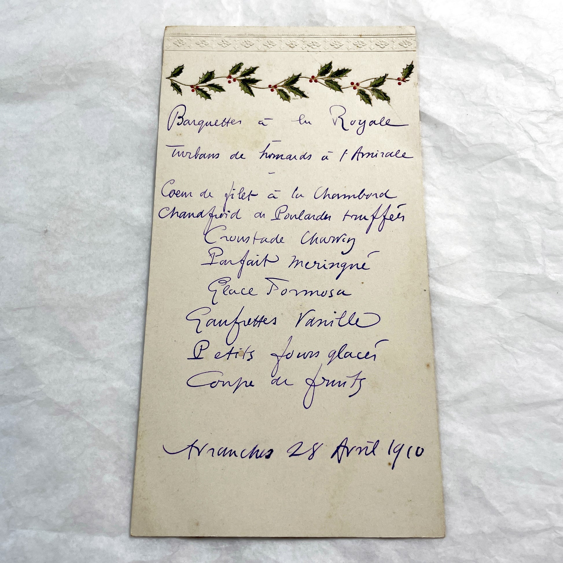 1910s - Vintage French Handwritten Menu Card - Elegant Dinner - Historical Culinary Ephemera - Belle Époque Gastronomy