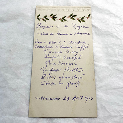 1910s - Vintage French Handwritten Menu Card - Elegant Dinner - Historical Culinary Ephemera - Belle Époque Gastronomy