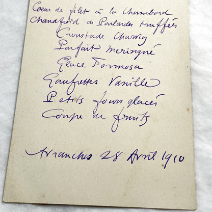 1910s - Vintage French Handwritten Menu Card - Elegant Dinner - Historical Culinary Ephemera - Belle Époque Gastronomy