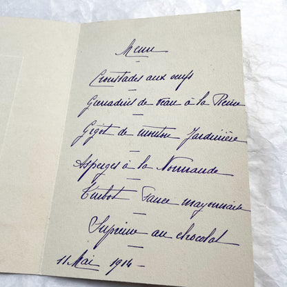 1910s - Vintage French Menu Card with Deer Illustration - Handwritten Meal from May 11, 1914 - Elegant Dinner Event Memorabilia